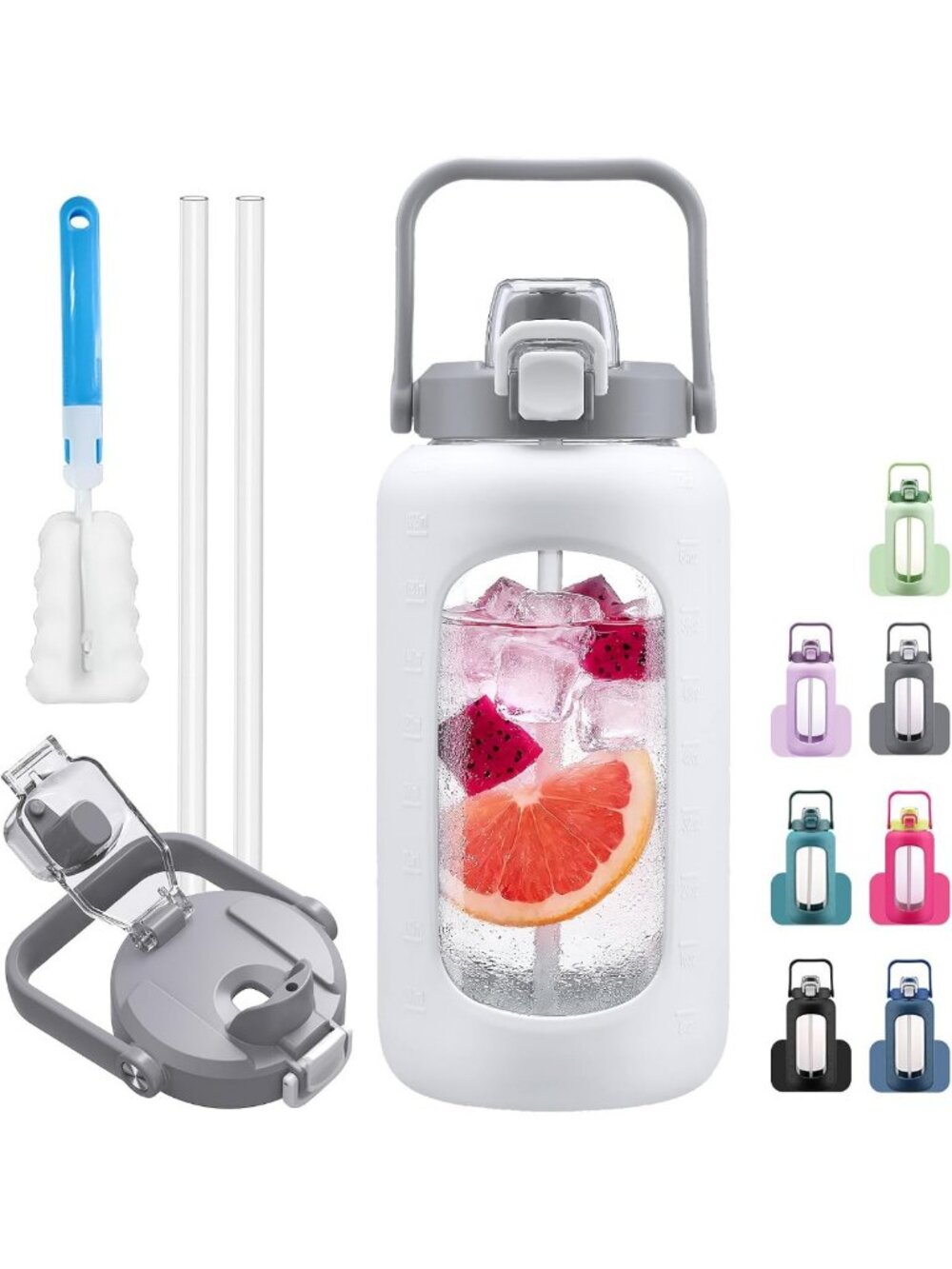 Half Gallon Glass Water Bottle 72oz with Time Markers & Silicone Sleeve